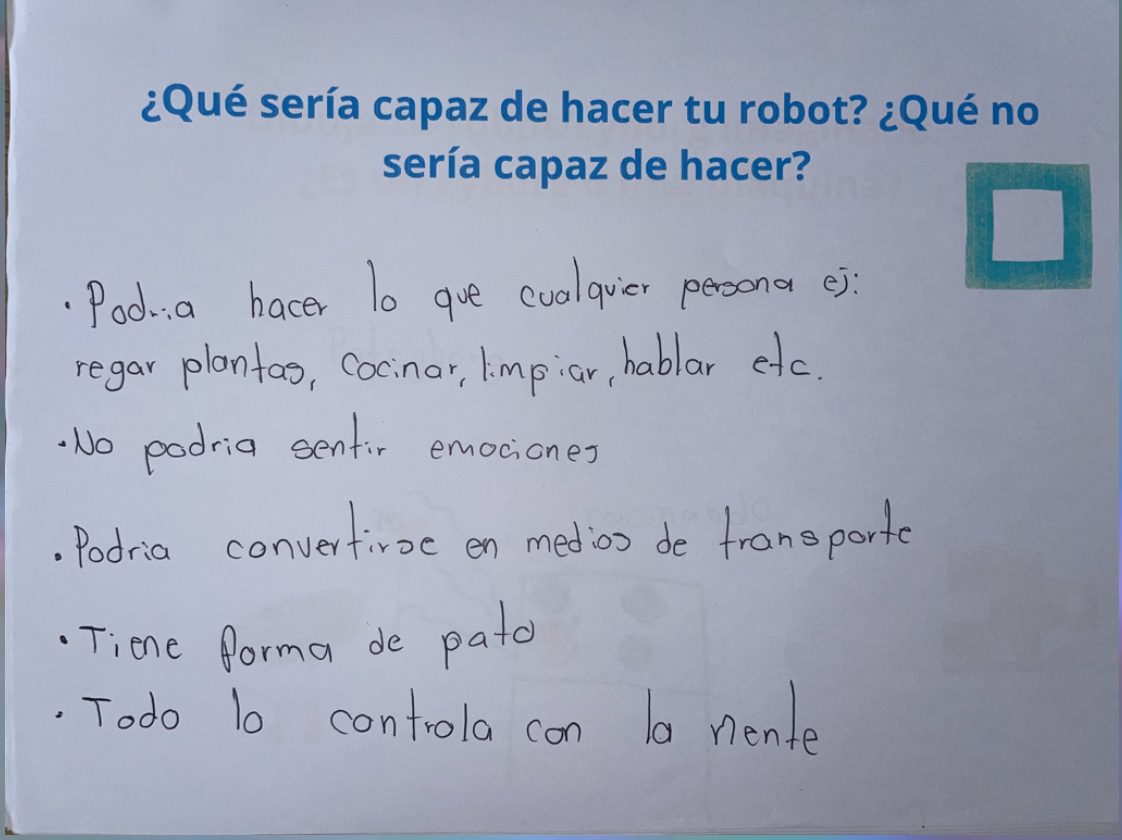 A worksheet from the sessions. The printed question reads, what would your robot be able to do, what would it not be able to do. The handwritten answers say it could do what any person can, water plants, cook, clean, talk; it could not feel emotions; it could turn into means of transport; it is shaped like a duck; it controls everything with its mind.