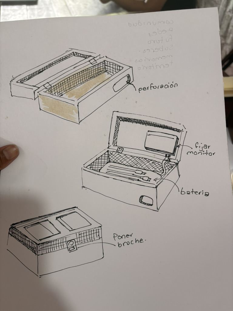 Una hoja con tres vistas dibujadas de la caja, anotadas a mano: perforaci&oacute;n, fijar monitor, bater&iacute;a y poner broche