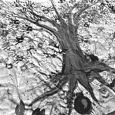 Detalle del mural colectivo de huellas de manos