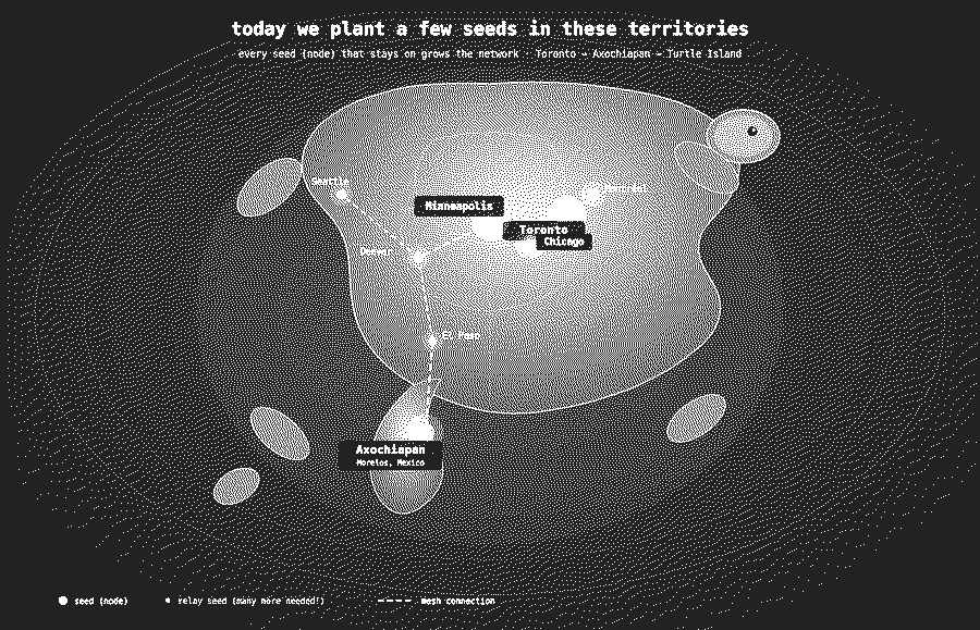 Un mapa de los nodos que salieron del encuentro, de Toronto y Chicago hasta Axochiapan, unidos por enlaces mesh punteados